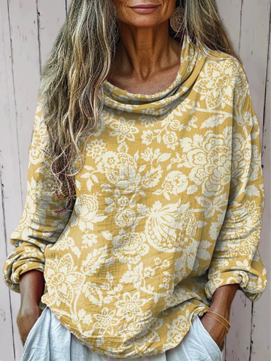 Women's Vintage Ethnic Floral Painting Art Print Casual Long Sleeve Comfortable Cotton Shirt