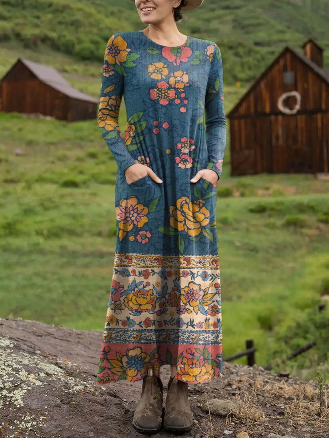 Women's Vintage Floral Art Print Casual Long-sleeved Dress