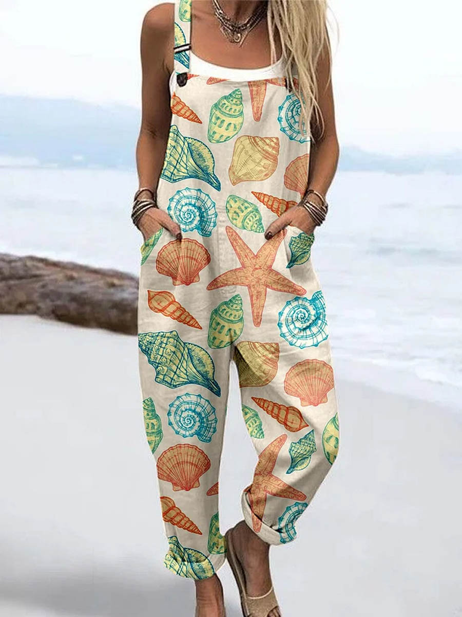 Women's Lovely Shell Pattern Art Print Casual 100% Cotton Wide Leg Jumpsuit