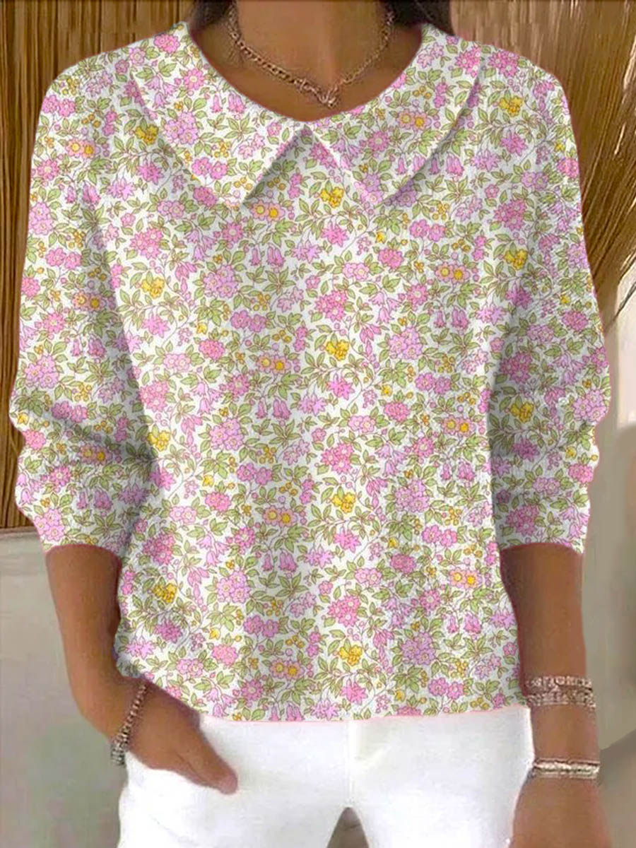 Women's Lovely Floral Art Print Casual Peter Pan Collar 3/4 Sleeve Sweater