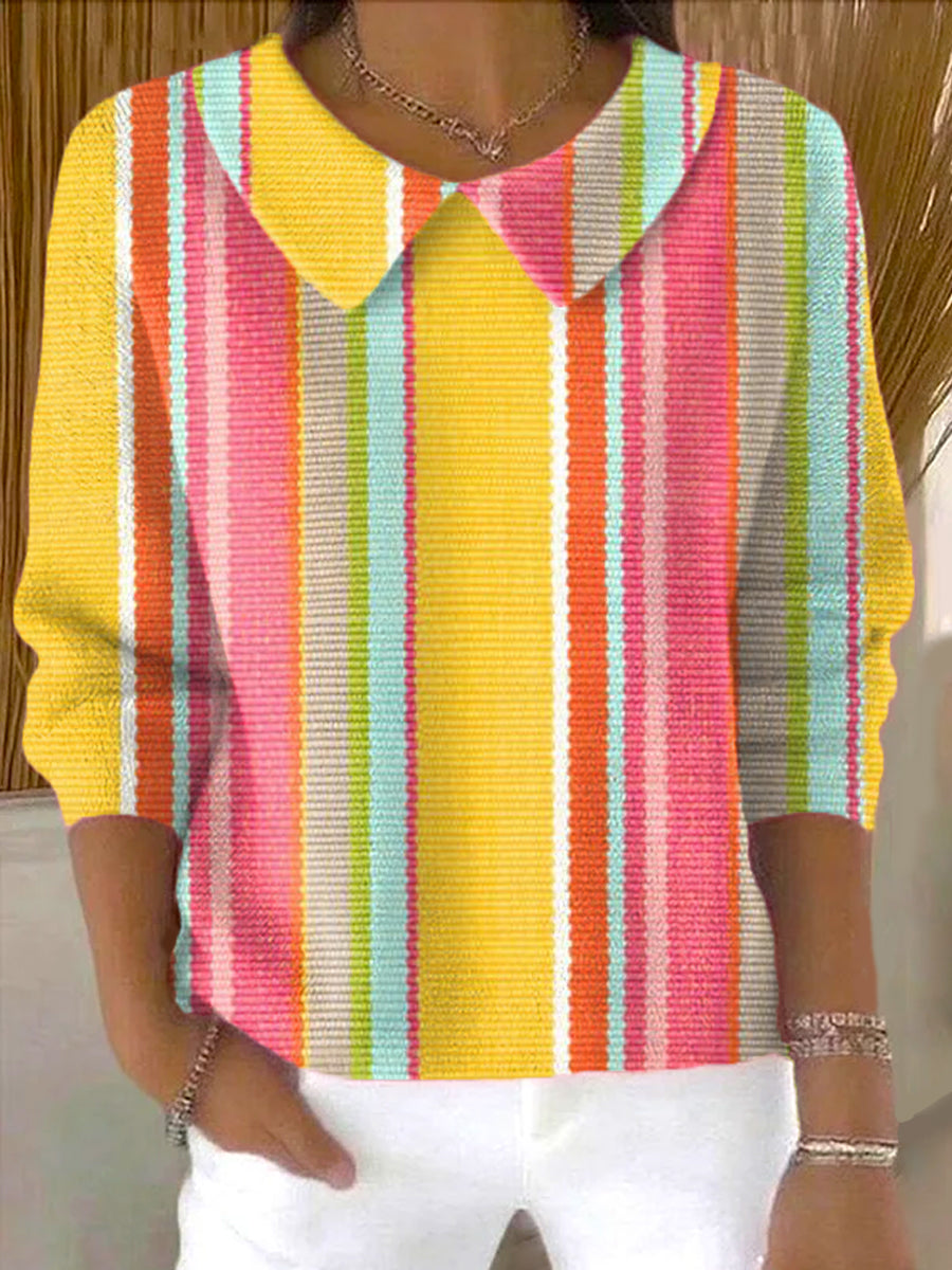 womens-colorful-stripe-painting-art-print-casual-peter-pan-collar-3-4-sleeve-sweater-ntd1
