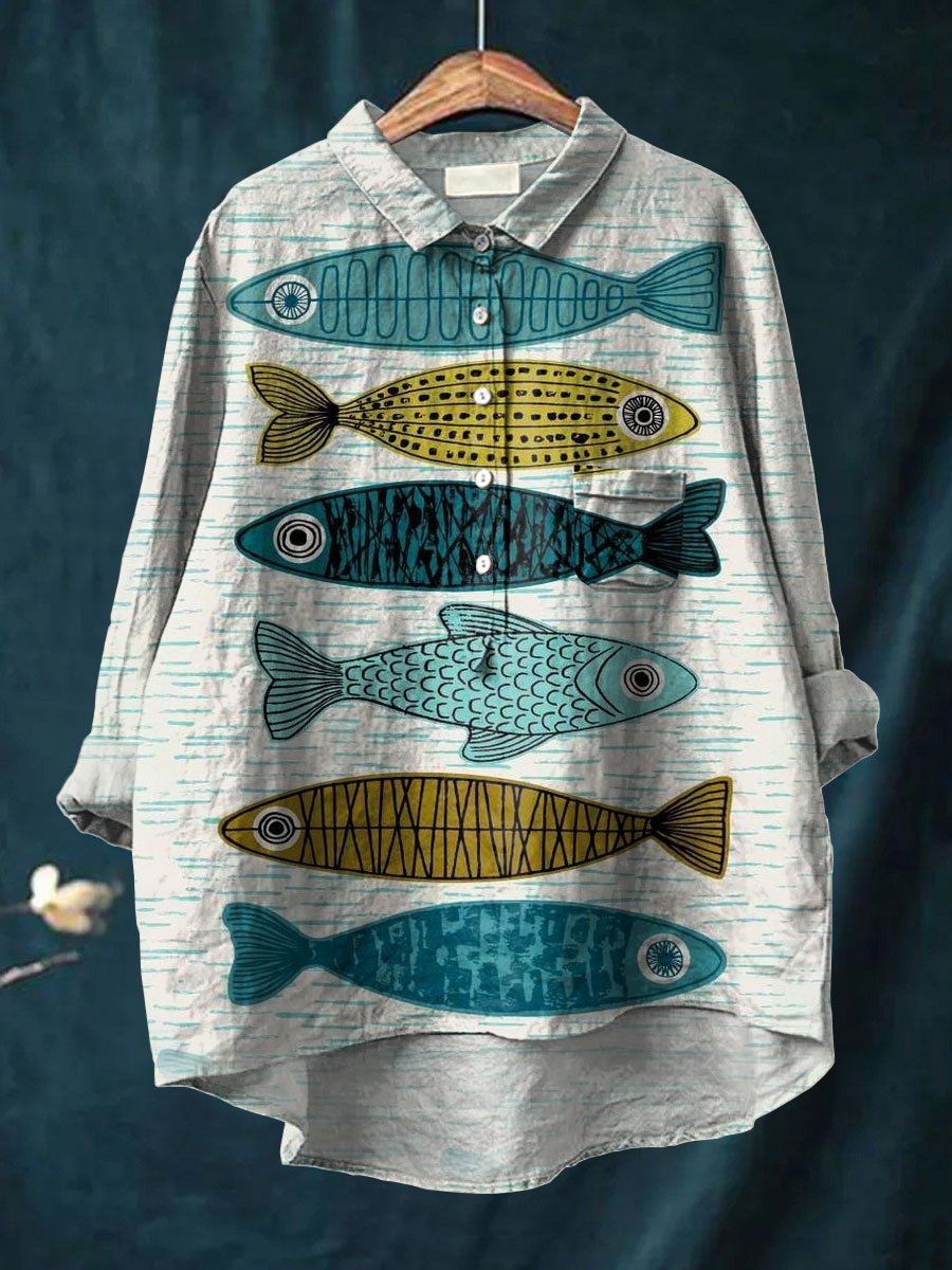 Fish Printed Women's Casual Cotton And Linen Shirt