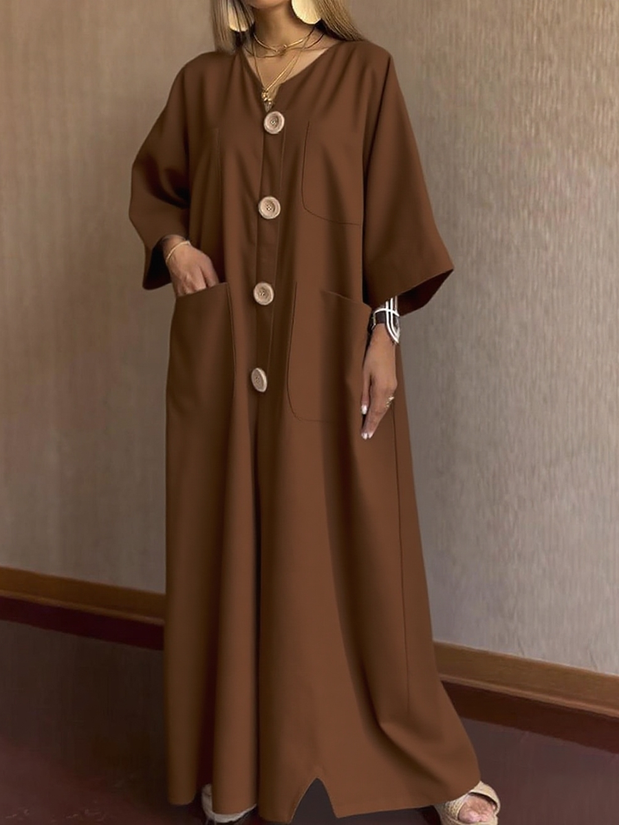 Loose Pocket Button Cotton and Linen Dress