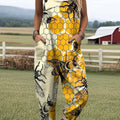Women's Lovely Bees Art Print Casual 100% Cotton Wide Leg Jumpsuit