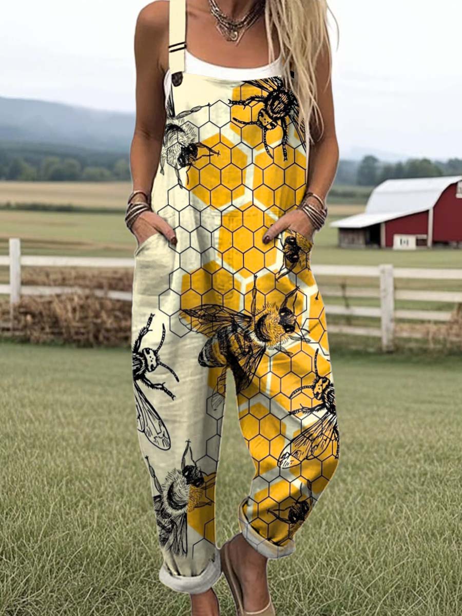Women's Lovely Bees Art Print Casual 100% Cotton Wide Leg Jumpsuit