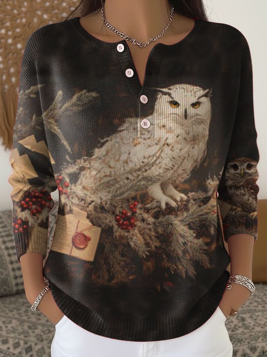 Vintage Owl Art Print Buttoned Cardigan Sweater