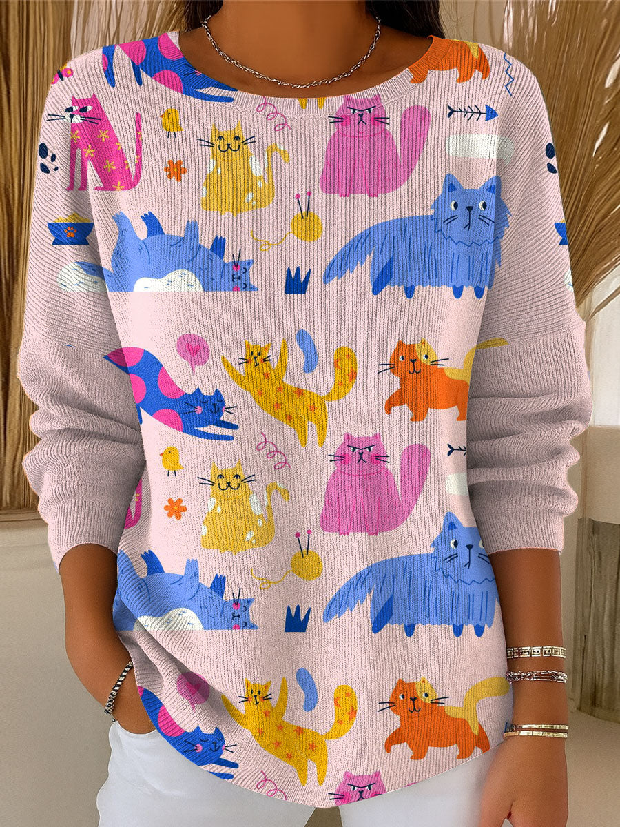 womens-animal-cute-cat-geometric-colors-casual-pullover-sweater