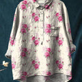 Pink Rose Pattern Printed Women's Casual Cotton And Linen Shirt