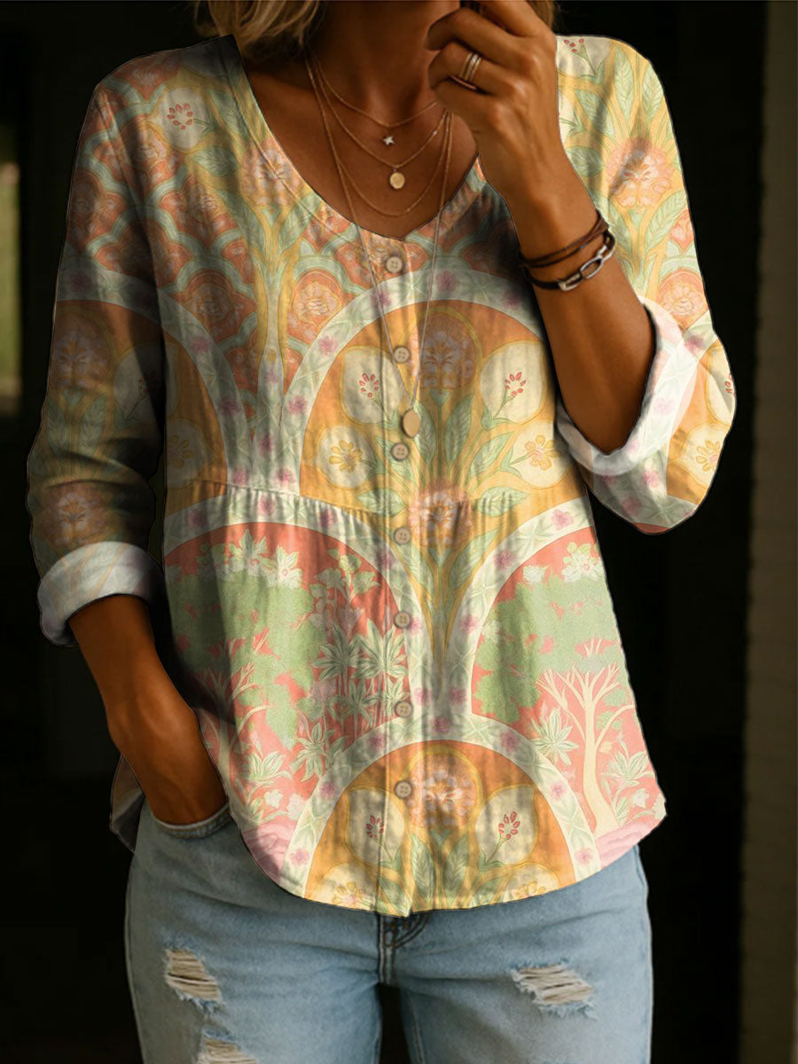 Women's Floral Pattern Art Print Casual Cotton Shirt