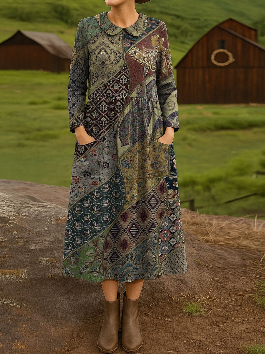 Women's Ethnic-style Art Patchwork Vintage Print Cotton Lapel Button-Down Shirt Dress