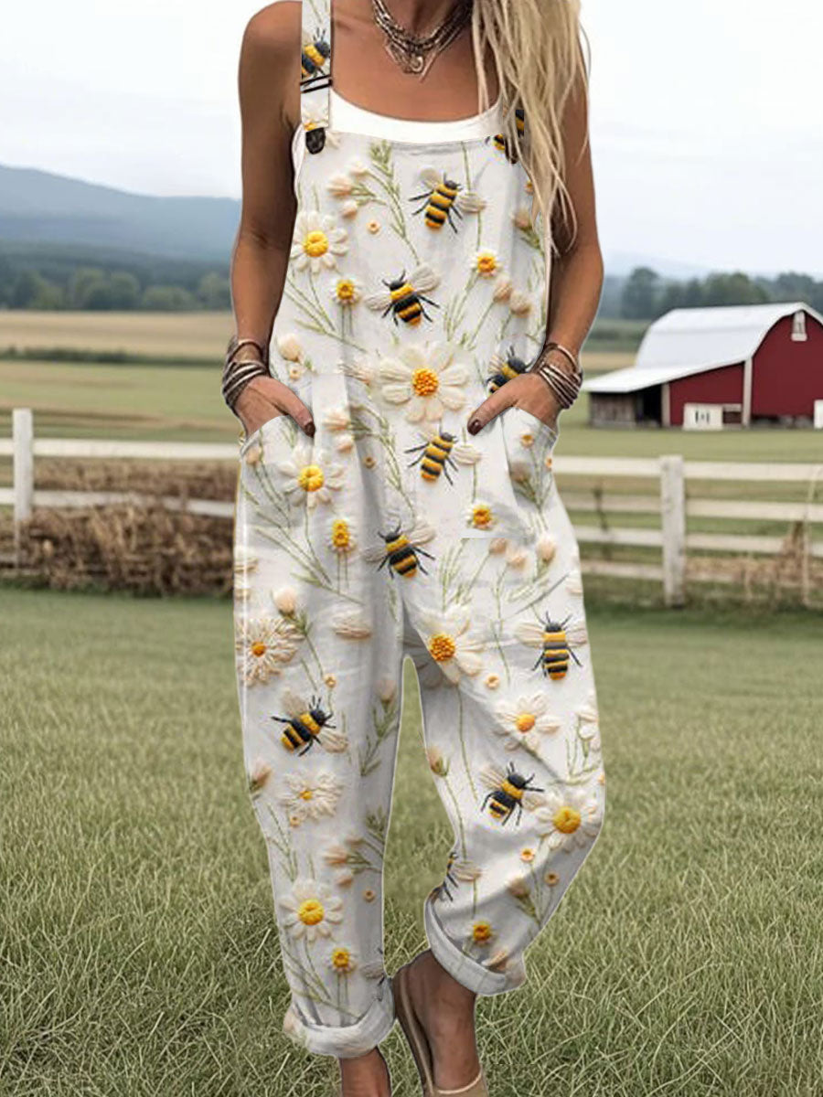 Women's  Bee  Floral  Art Print Casual 100% Cotton Wide Leg Jumpsuit