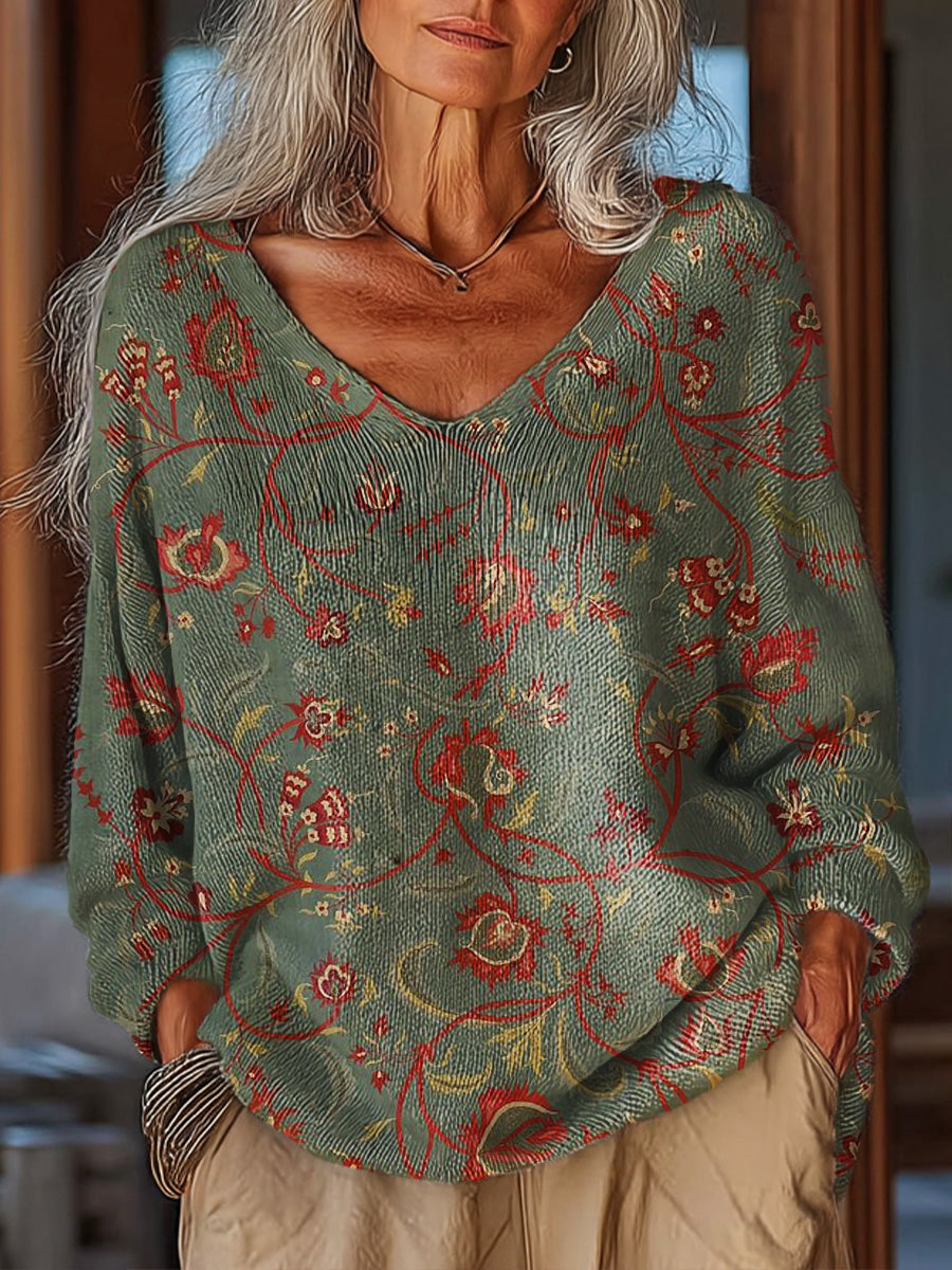 Women's Beautiful Vintage Ethnic Floral Art Print Casual Pullover Sweater