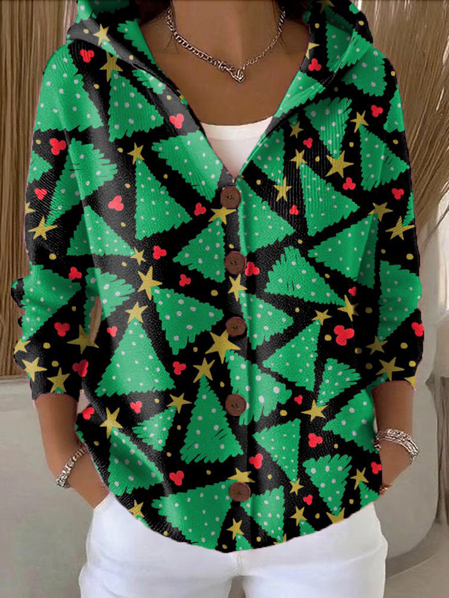 Women's Beautiful Winter Christmas Tree Drawing Art Print Casual Hooded Button Sweater