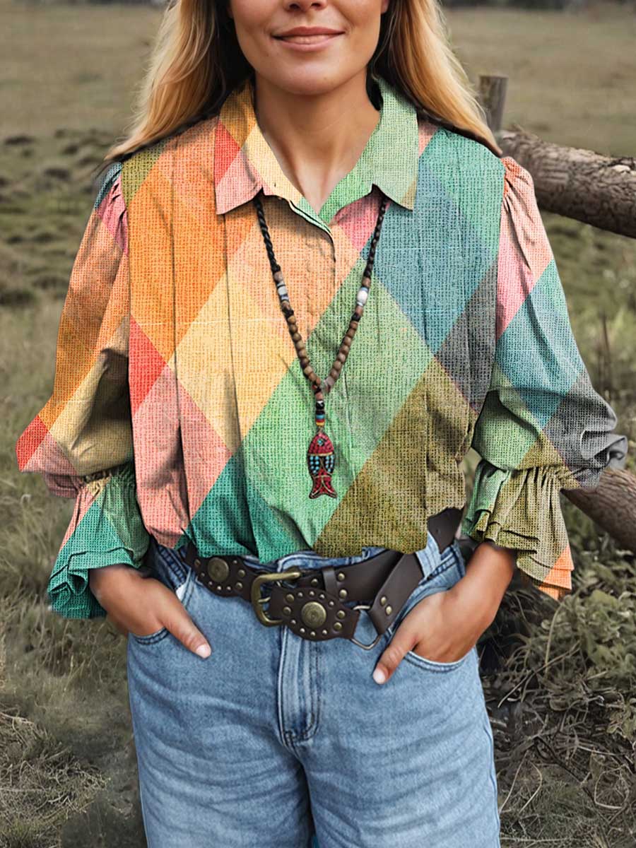 Women's Geometric Print Lapel Long Sleeve Pleated Casual Cotton and Linen Shirt