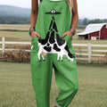 Women's Funny Cow Art Print Casual 100% Cotton Wide Leg Jumpsuit