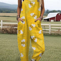 Women's  Vintage Bee Floral Art Print Casual 100% Cotton Wide Leg Jumpsuit