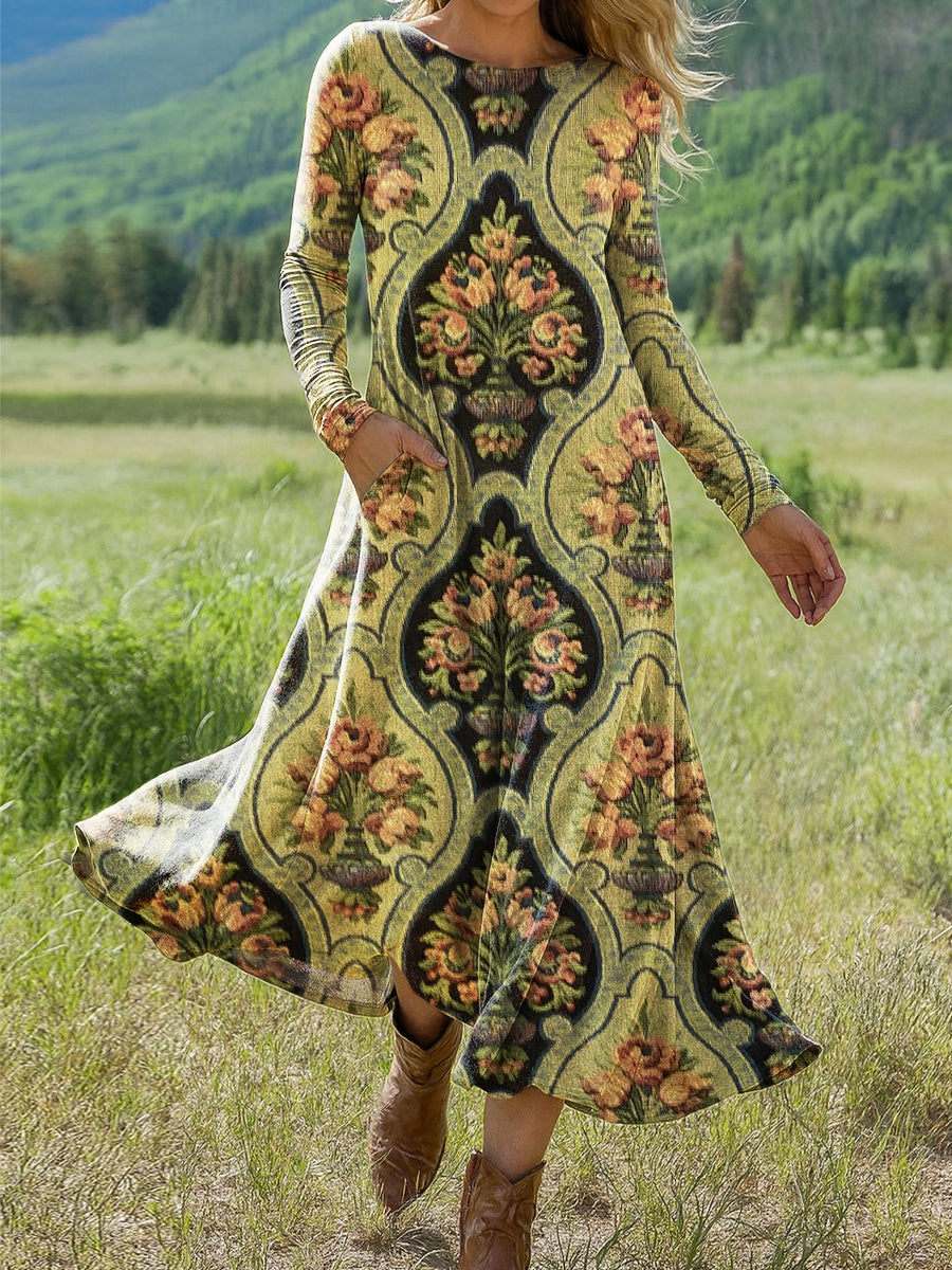Women's Beautiful Vintage Ethnic Floral Art Print Long-sleeved Dress