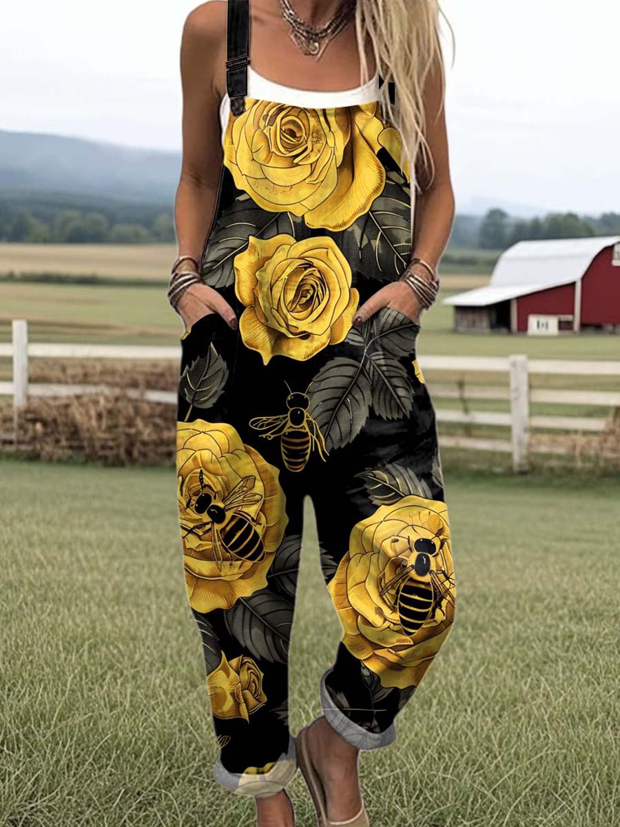 Women's Lovely Floral Bees Art Print Casual 100% Cotton Wide Leg Jumpsuit