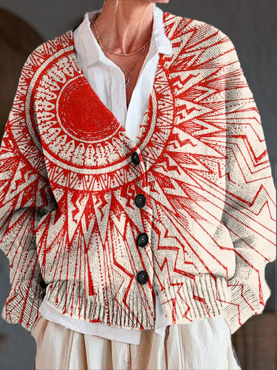 ethnic-abstract-sun-painting-art-print-buttoned-v-neck-cardigan-sweater