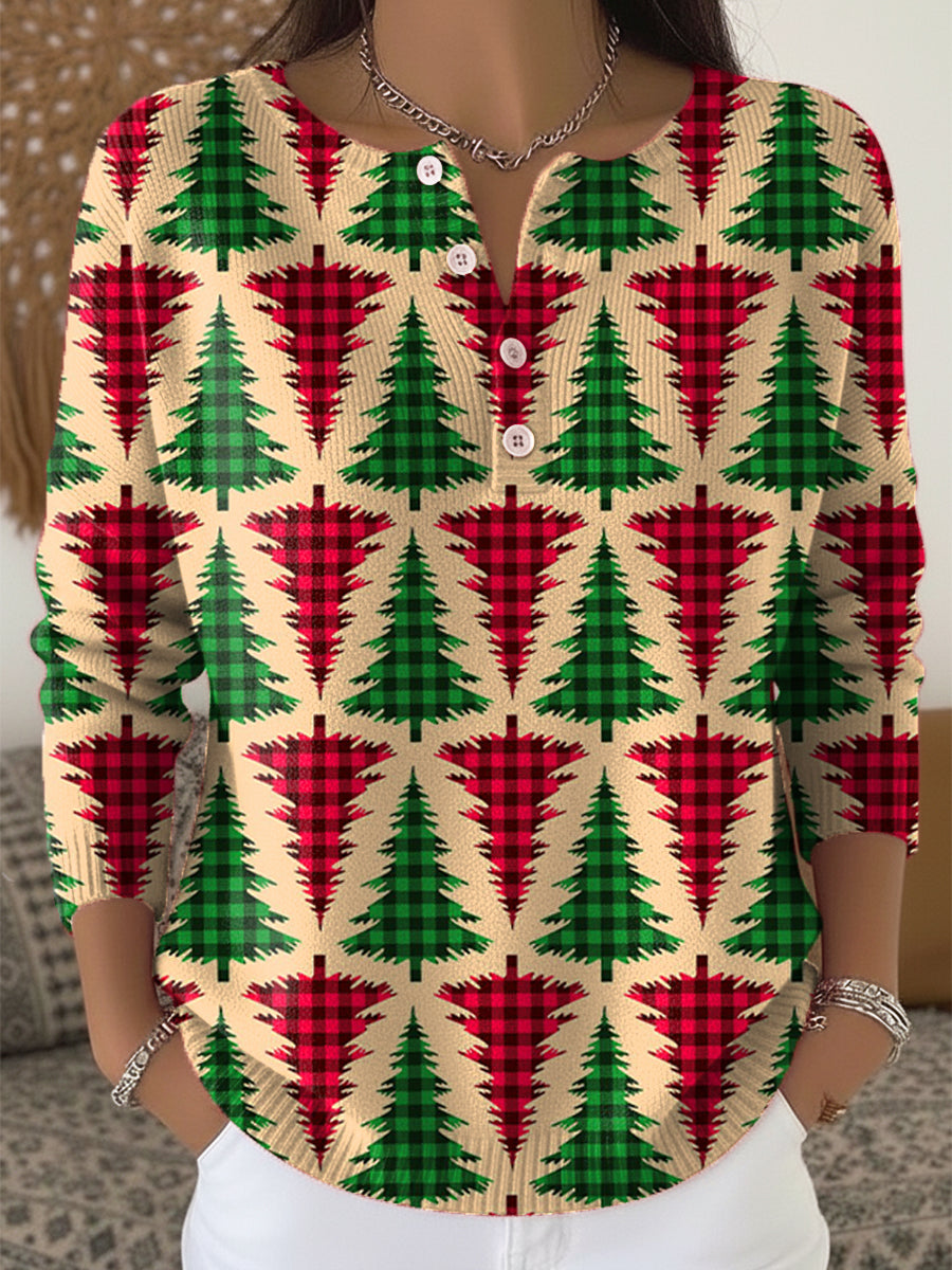 Two-tone Winter Christmas Tree Graphic Art Print Buttoned Cardigan Sweater