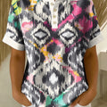 Retro Abstract Art Print Loose-fit Cotton-linen Short-sleeve Shirt