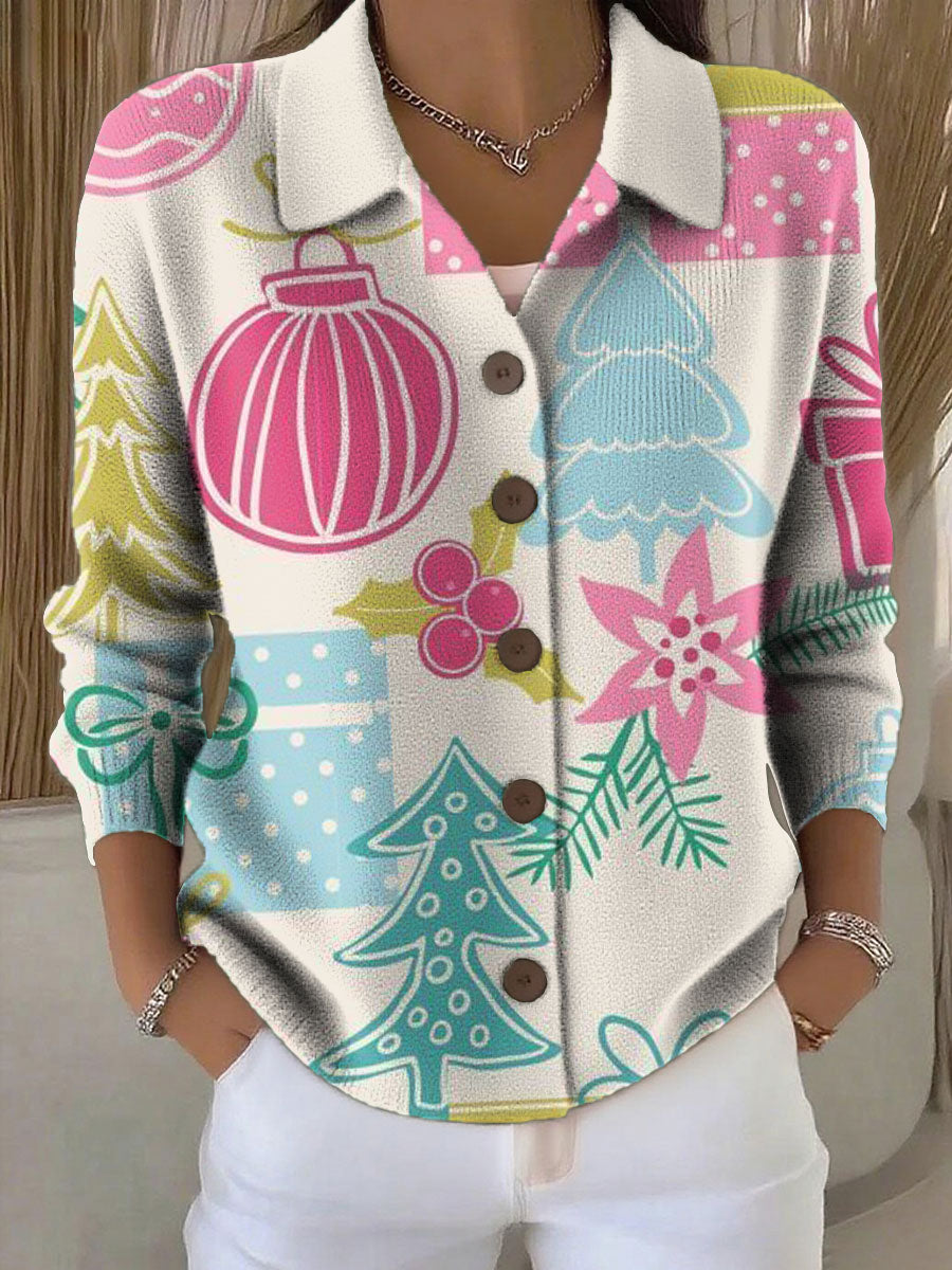 Women's Christmas Tree Lanterns Pattern Print Cowl Neck Sweater