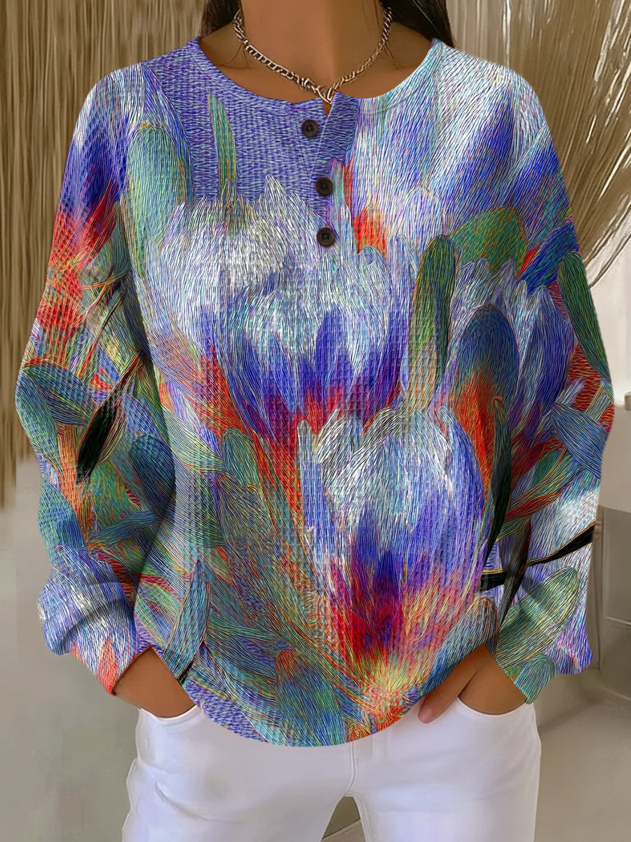 Women's Beautiful Abstract Large Flower Painting Art Print Casual Cotton Sweatshirt