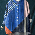 Women's Geometric Pattern Art Print Casual Cotton And Linen Ruffle Shirt