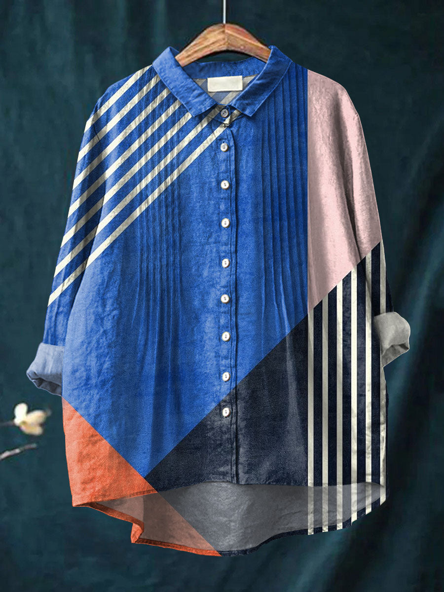 Women's Geometric Pattern Art Print Casual Cotton And Linen Ruffle Shirt