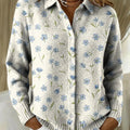 Women's Little Blue Flower Print Printed Collared Sweater