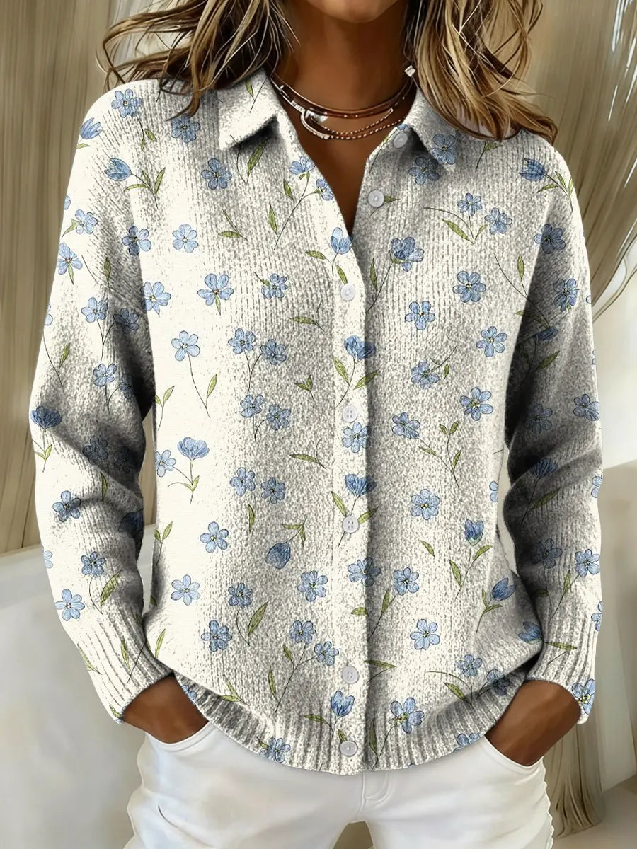 Women's Little Blue Flower Print Printed Collared Sweater