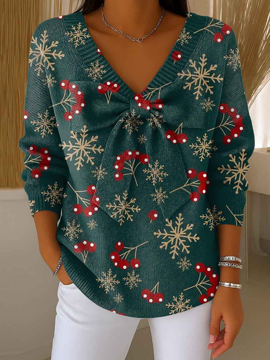 Women's Christmas Print Bowknot V-Neck Long Sleeve Casual Pullover Sweater