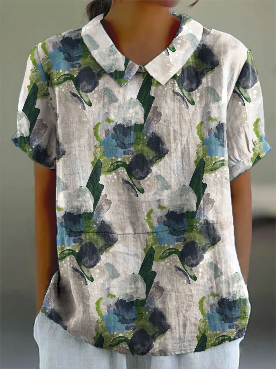 Women's Flower Print Casual Cotton And Linen Shirt