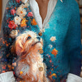Vintage Flower Cute Dog Art Print Buttoned V-neck Cardigan Sweater
