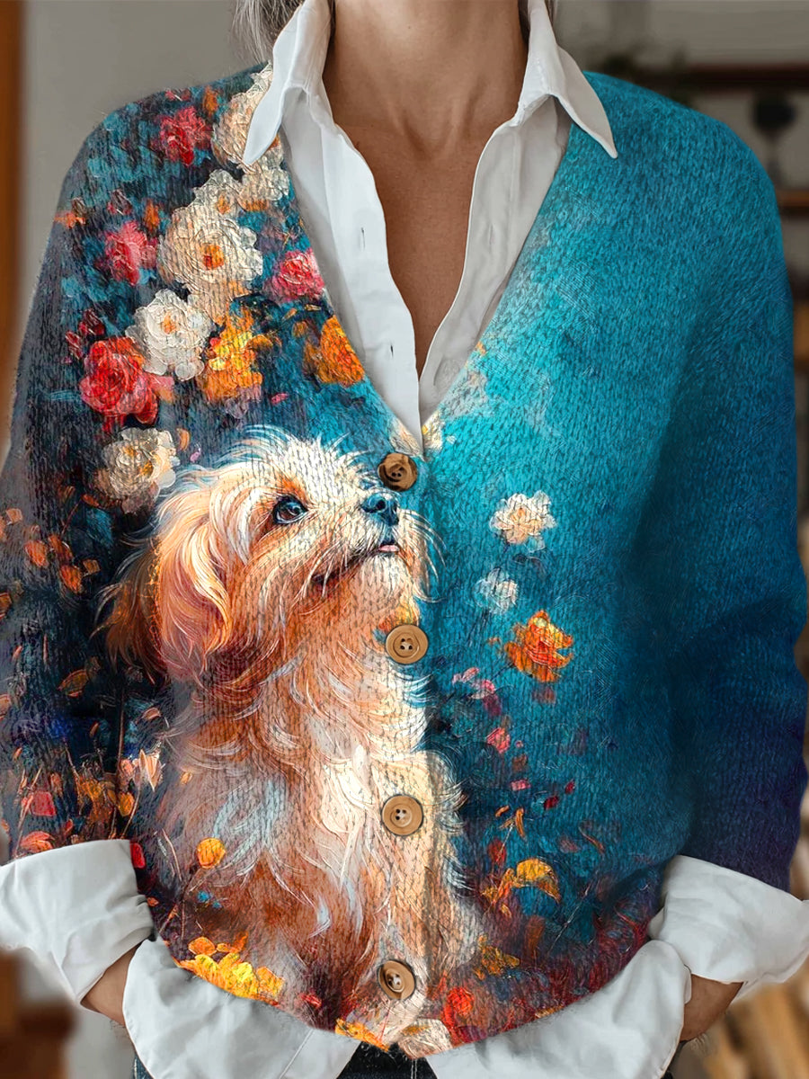 Vintage Flower Cute Dog Art Print Buttoned V-neck Cardigan Sweater