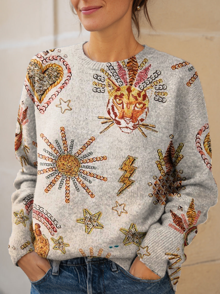 womens-retro-art-creative-bird-tiger-print-knit-pullover-sweater