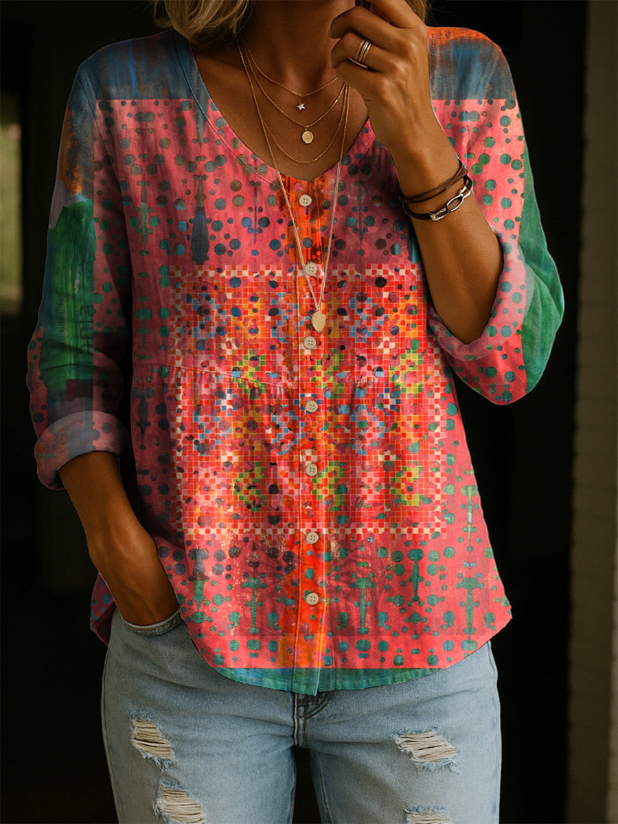 Women's Vintage Pattern Art Print Casual Cotton Shirt
