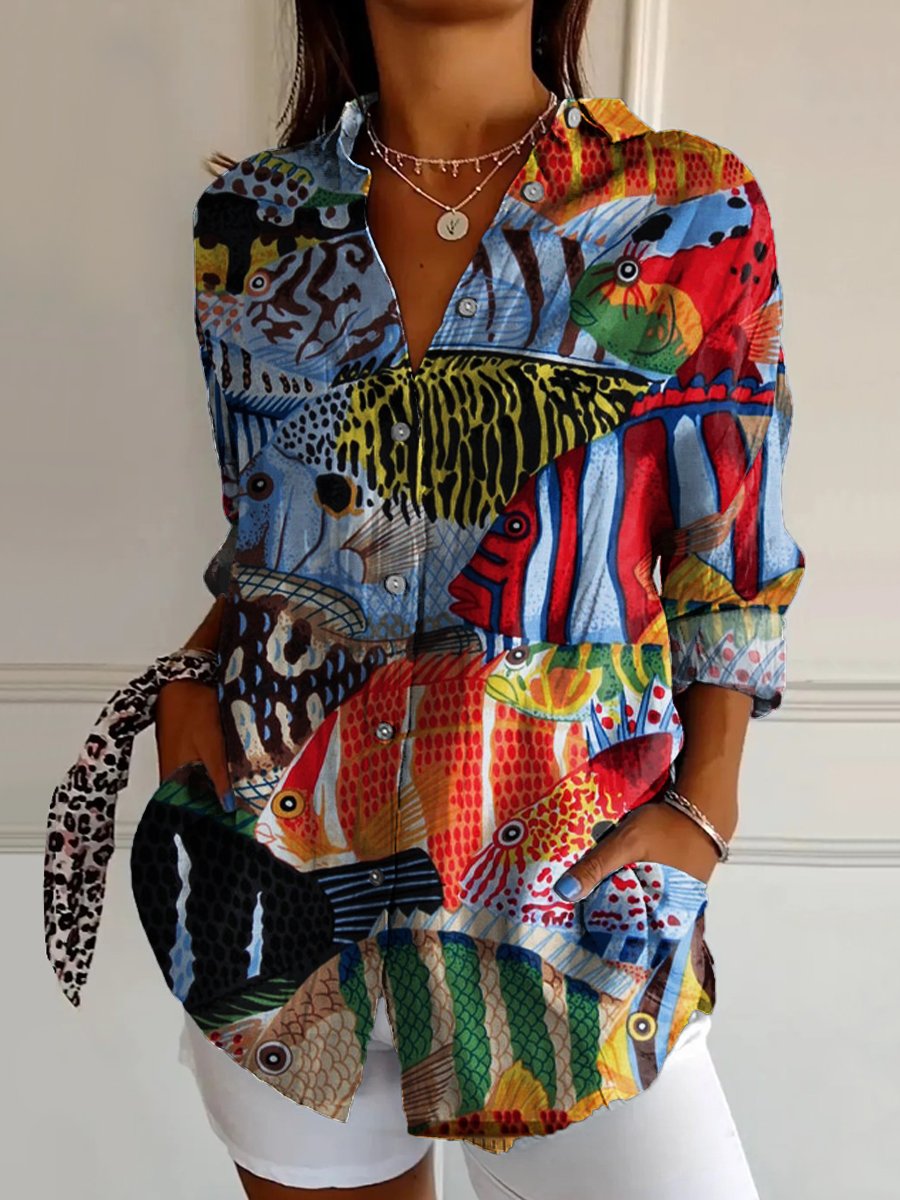 Women's Colorful Tropical Fish Print Casual Cotton Shirt