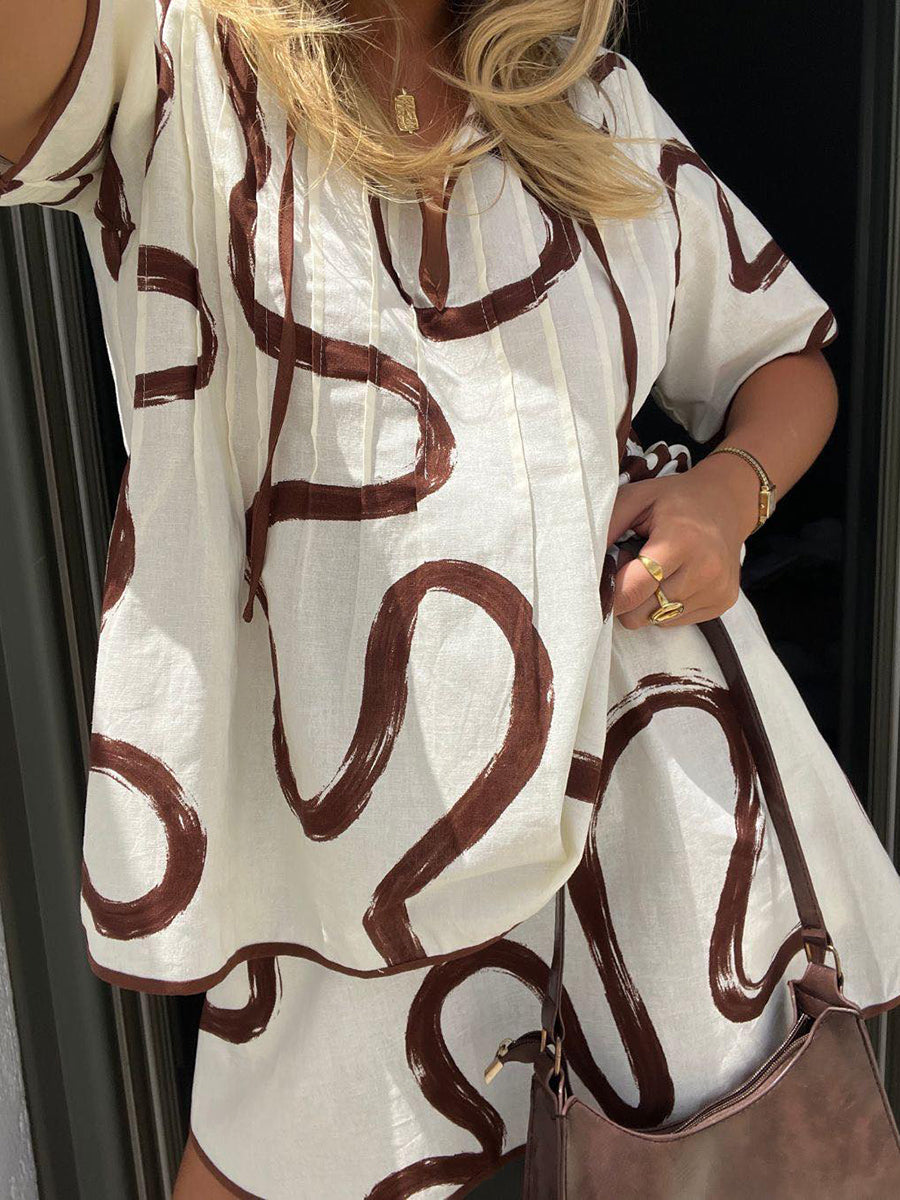 Marble Graffiti Cotton and Linen Top and Skirt Set