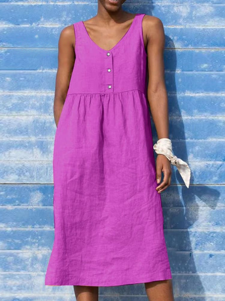 Women's Solid Color Loose Elegant Casual Cotton And Linen Sleeveless Dress