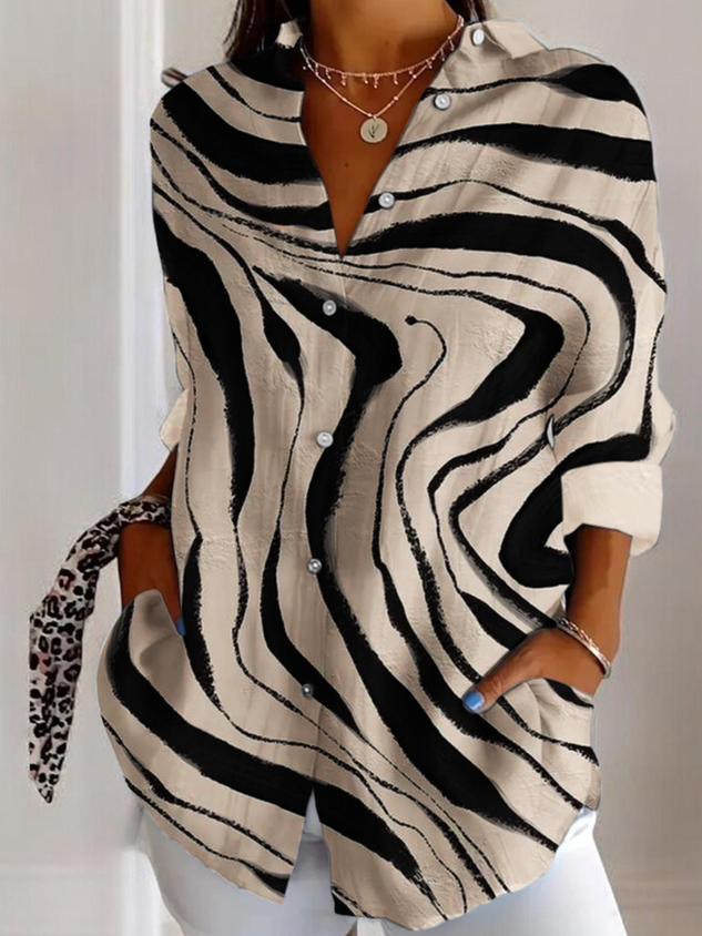 V-Neck Long Sleeve Geometric Regular Micro-Elasticity Regular Fit Shirt For Women