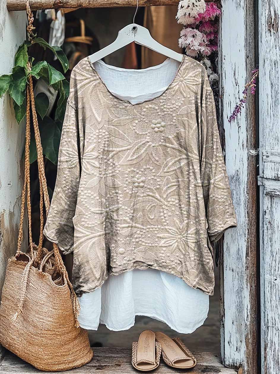 Women's Floral Textured Art Patterns Print Casual Linen Cotton Pullover Top
