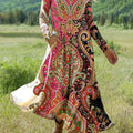 Women's Beautiful Ethnic Paisley Floral Geometric Art Print Long-sleeved Dress