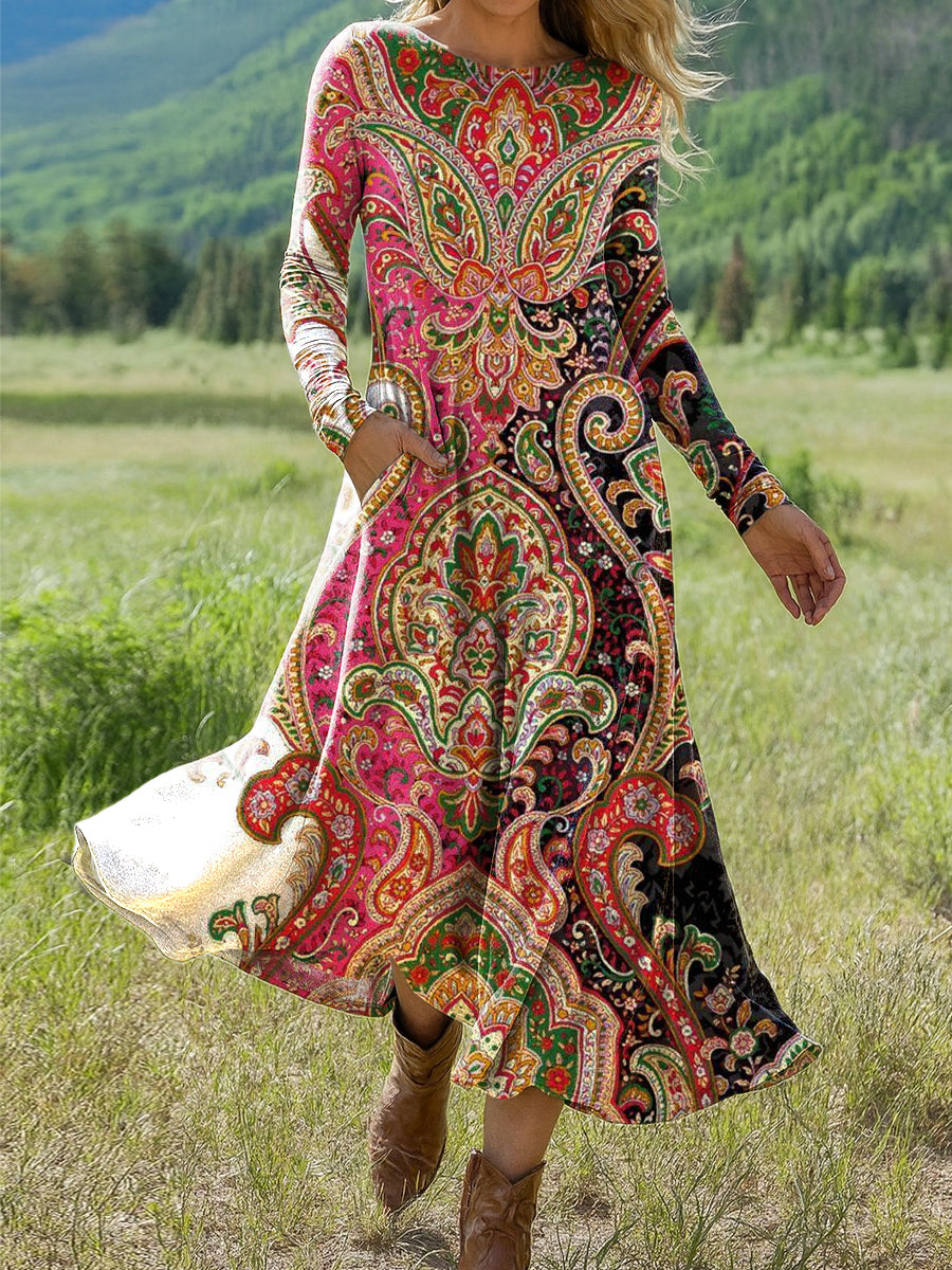 Women's Beautiful Ethnic Paisley Floral Geometric Art Print Long-sleeved Dress