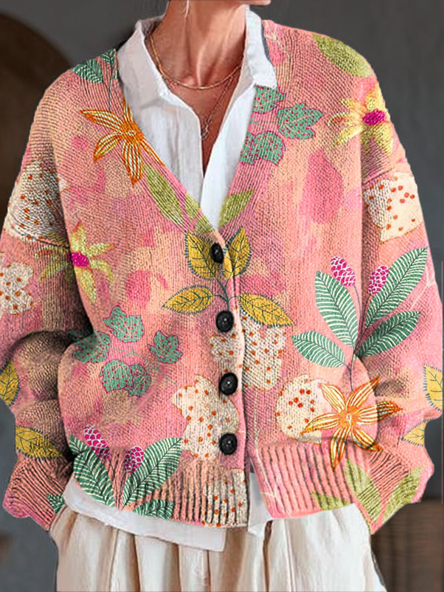 beautiful-pink-floral-painting-art-print-buttoned-v-neck-cardigan-sweater-ogfj