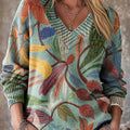 Vintage Abstract Floral Plant Painting Art Print Knit V-neck Pullover Sweater