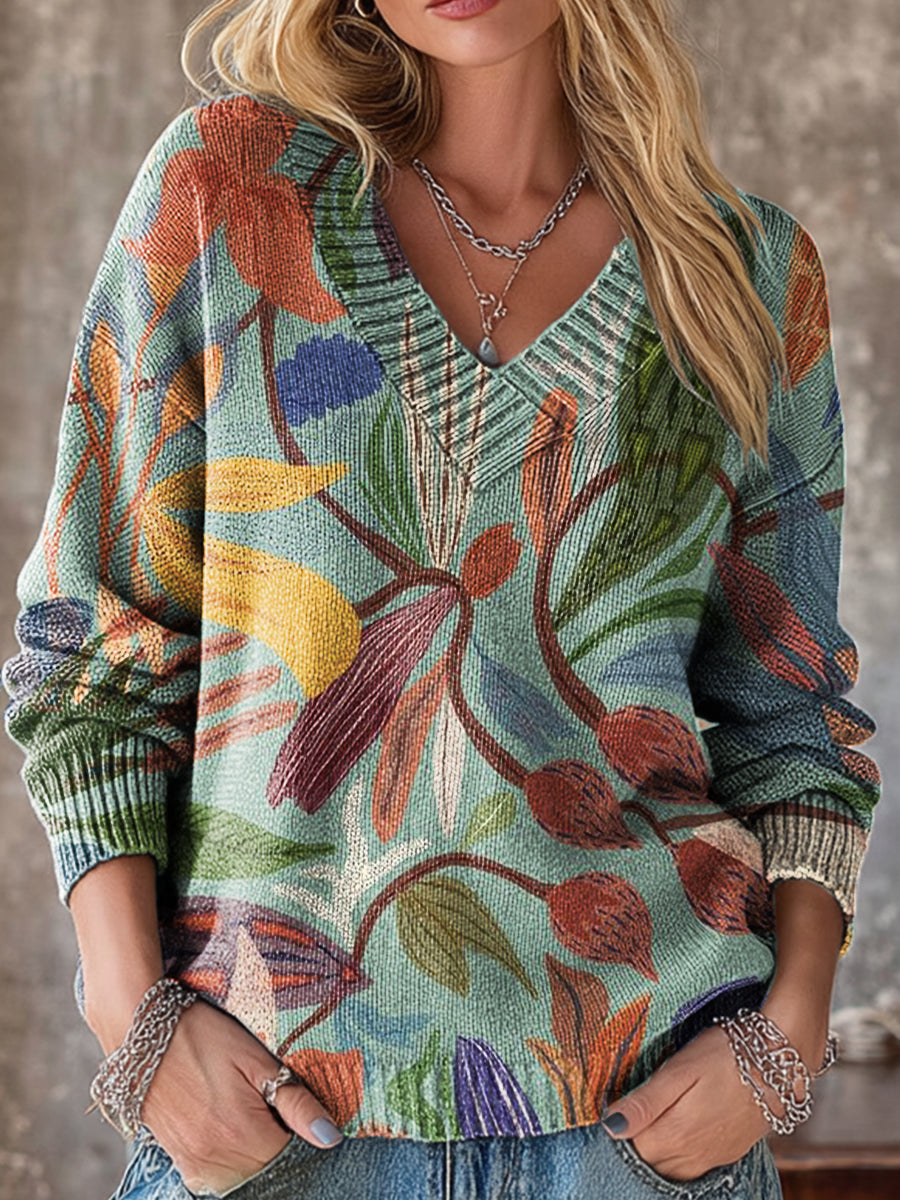 Vintage Abstract Floral Plant Painting Art Print Knit V-neck Pullover Sweater