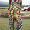 Combinaison pantalon large décontractée 100 % coton à imprimé floral vintage pour femme 