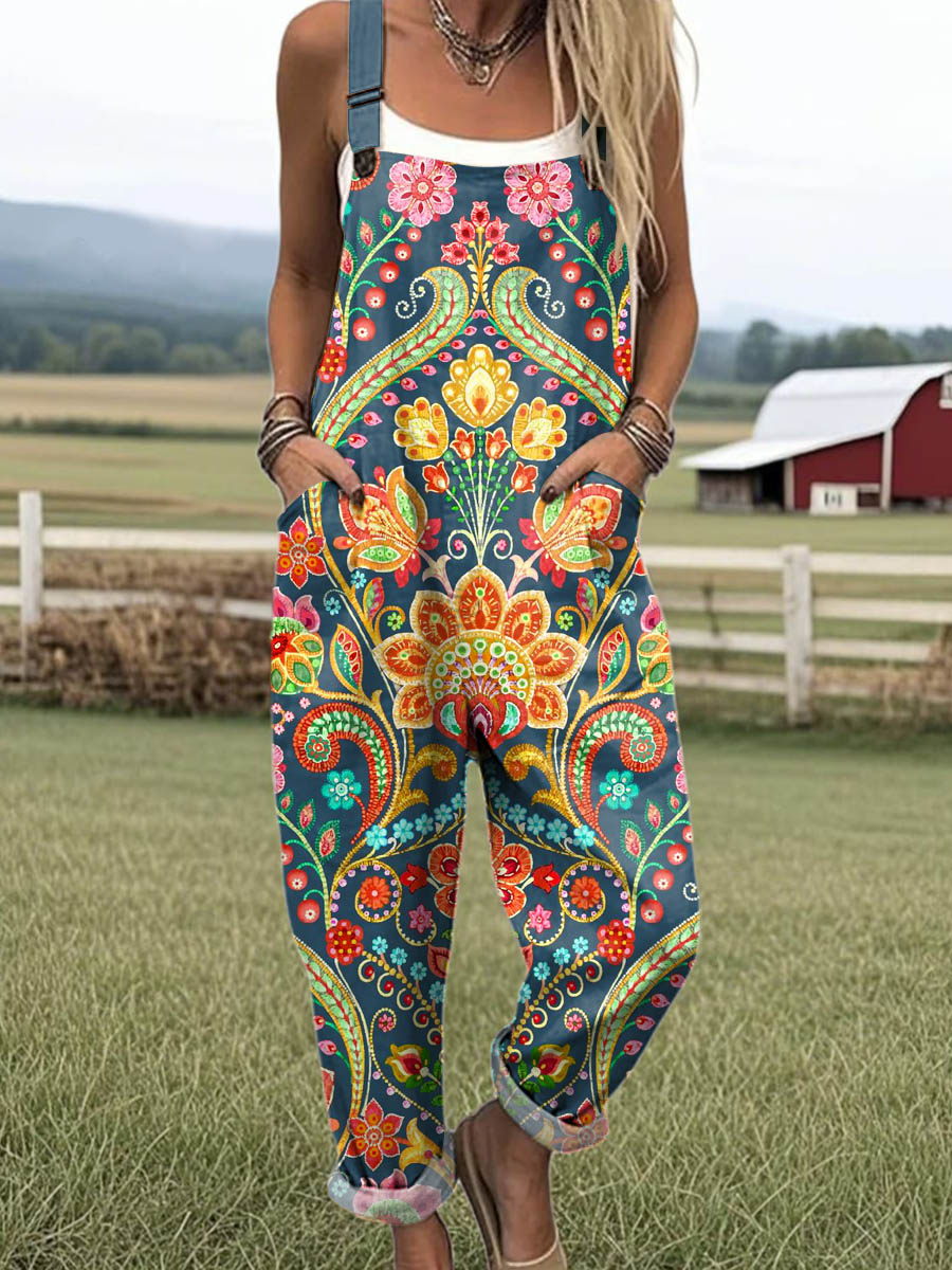 Women's Vintage Floral Art Print Casual 100% Cotton Wide Leg Jumpsuit