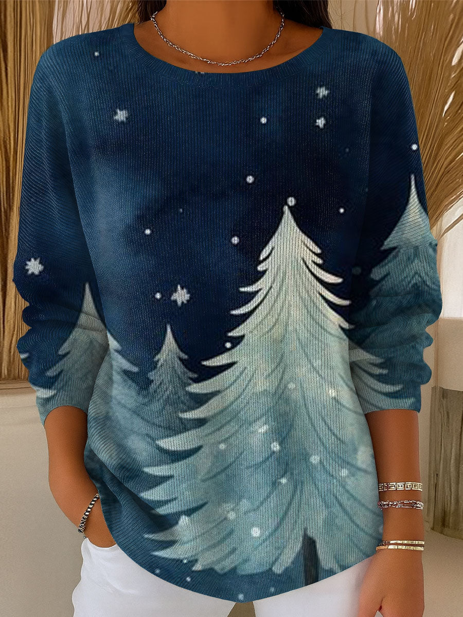 Women's Christmas Tree Art Print Casual Pullover Sweater